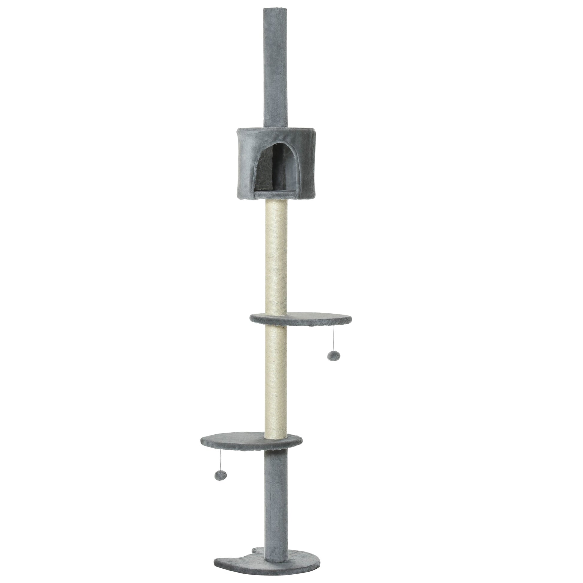 KFX-4127293 85.5" Adjustable Floor-to-Ceiling Cat Tree with 4-Tiers, Scratching Posts, Condo, and Toys in Light Grey