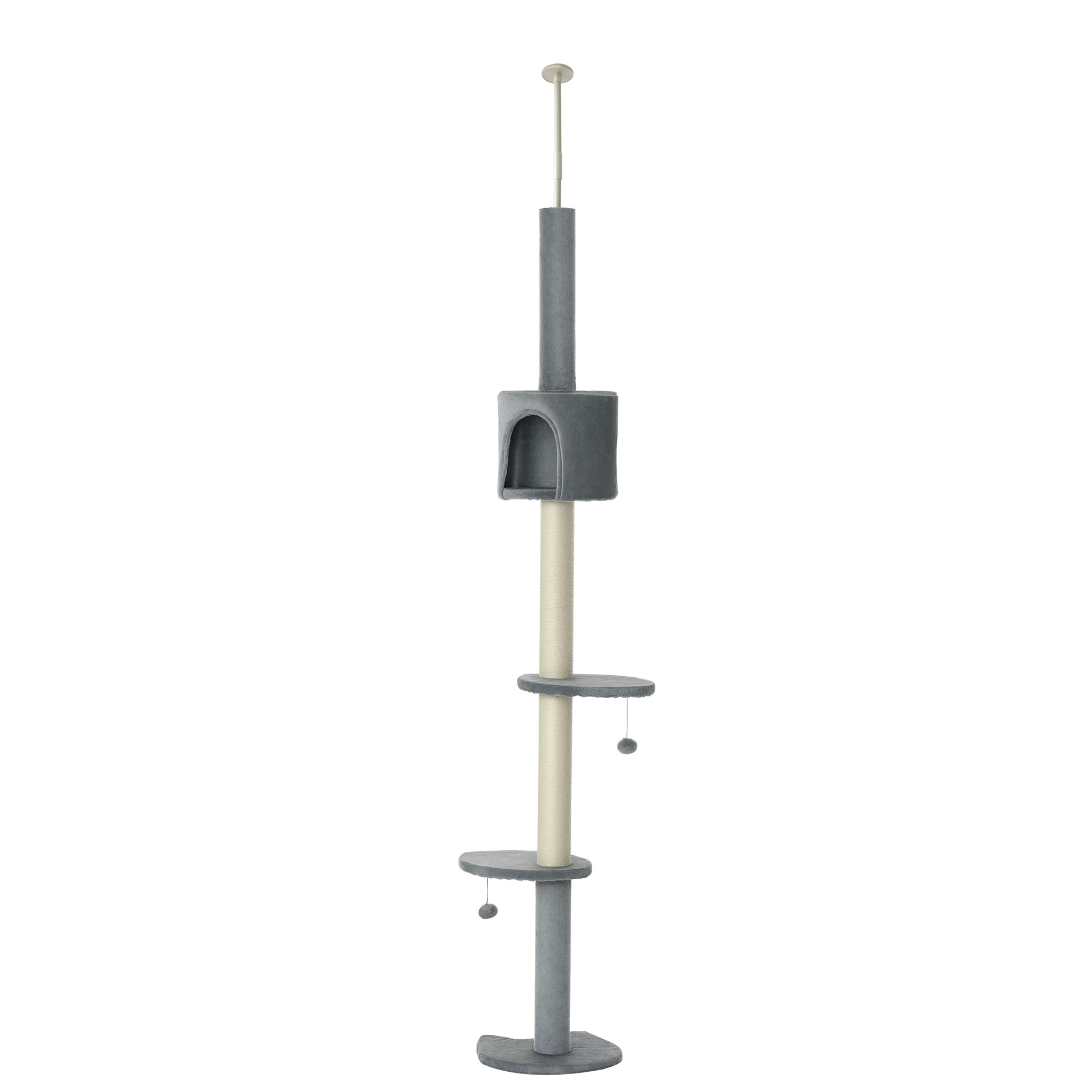 KFX-4127293 85.5" Adjustable Floor-to-Ceiling Cat Tree with 4-Tiers, Scratching Posts, Condo, and Toys in Light Grey