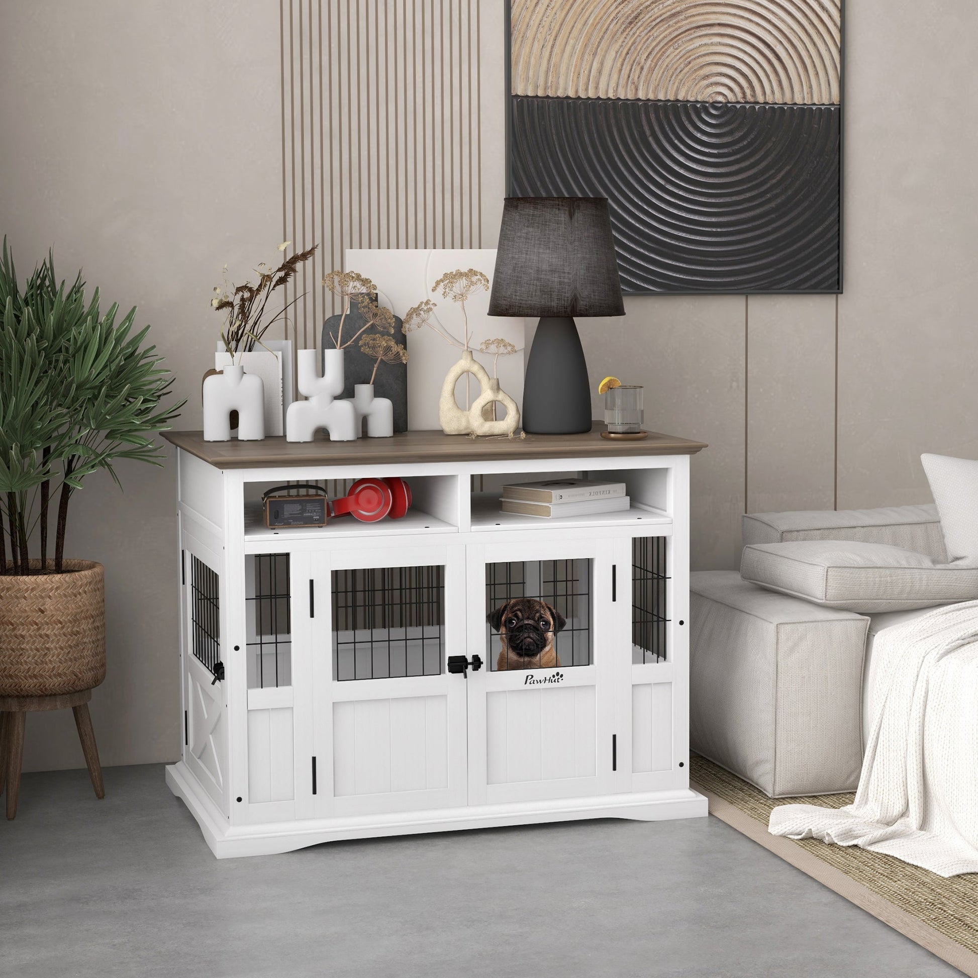 KFX-4127677 Versatile Dog Kennel End Table with Storage for Small and Medium Dogs, White Finish