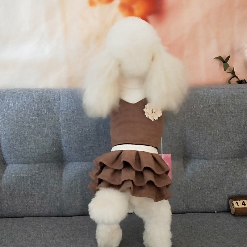 KFX-4130365 Korean Style Woolen Princess Dress for Female Dogs in Dark Gray and Camel