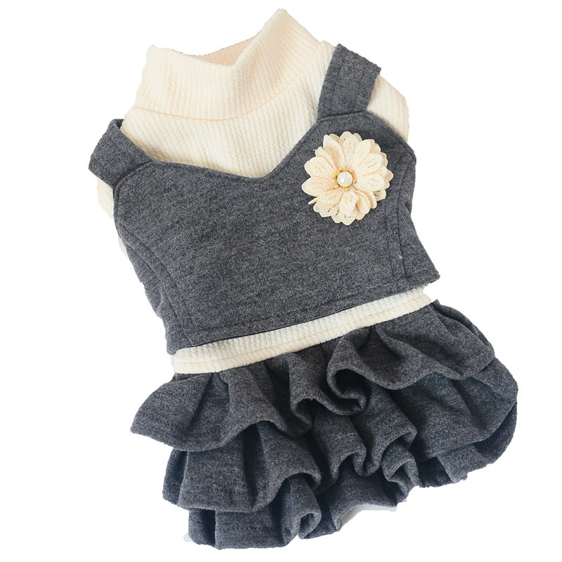 KFX-4130365 Korean Style Woolen Princess Dress for Female Dogs in Dark Gray and Camel