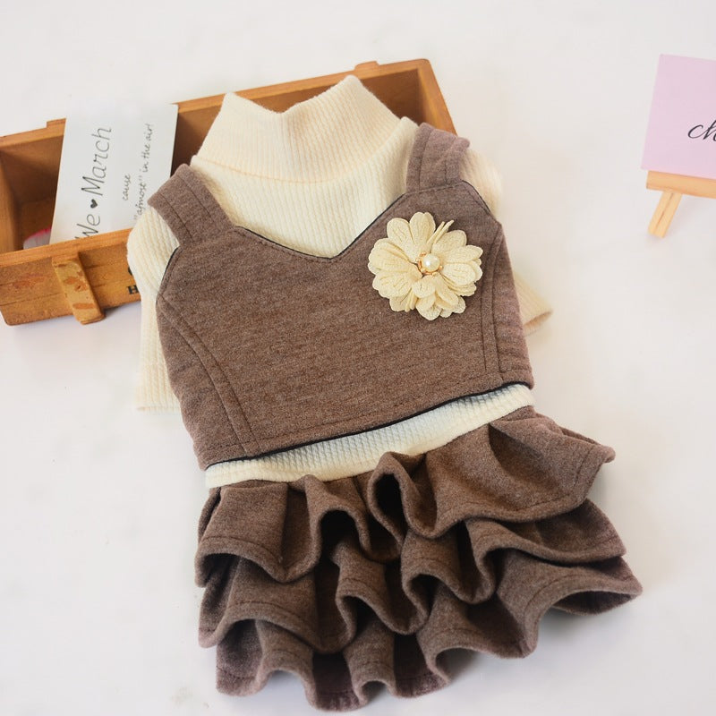 KFX-4130365 Korean Style Woolen Princess Dress for Female Dogs in Dark Gray and Camel