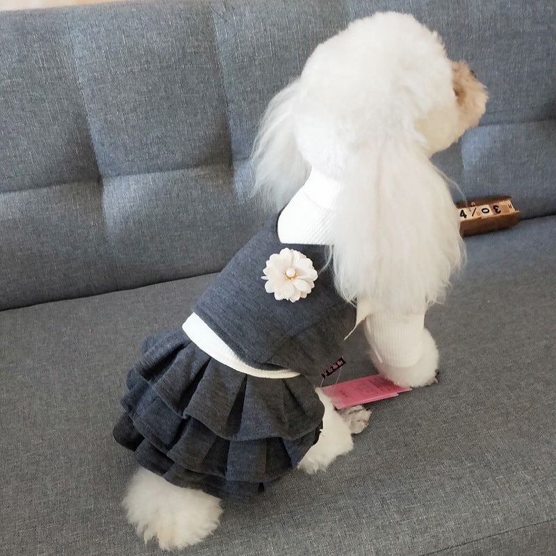 KFX-4130365 Korean Style Woolen Princess Dress for Female Dogs in Dark Gray and Camel