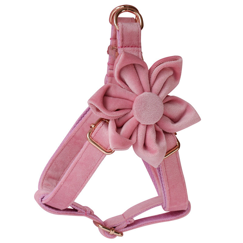 KFX-4138813 Rose Gold Buckle Flannelette Dog Harness Set with Leash, Bow and Flower Accents