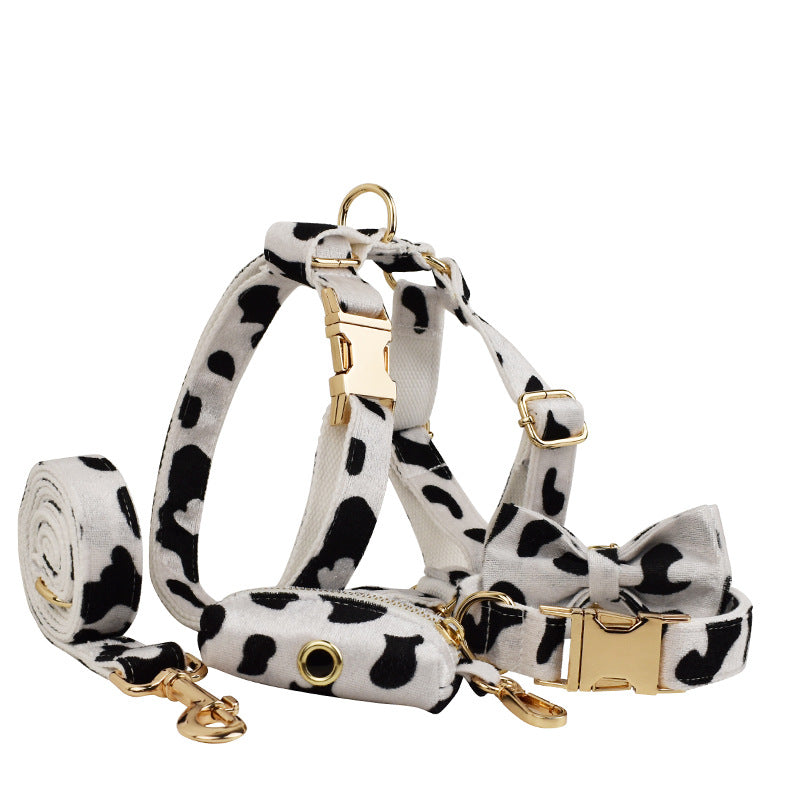 KFX-4141501 Cows Print Dog Collar Bow and Vest Set with Leash and Waste Bag