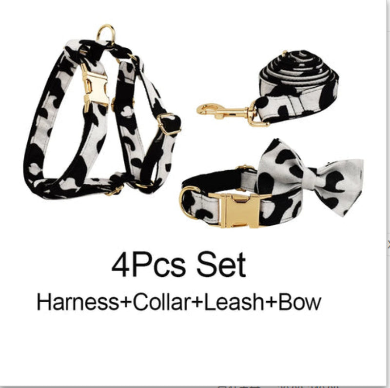 KFX-4141501 Cows Print Dog Collar Bow and Vest Set with Leash and Waste Bag