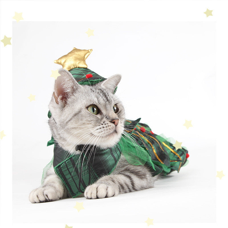 KFX-4143677 Christmas Tree Cape Pet Costume with Star Hat for Cats - Small Clothes Suit