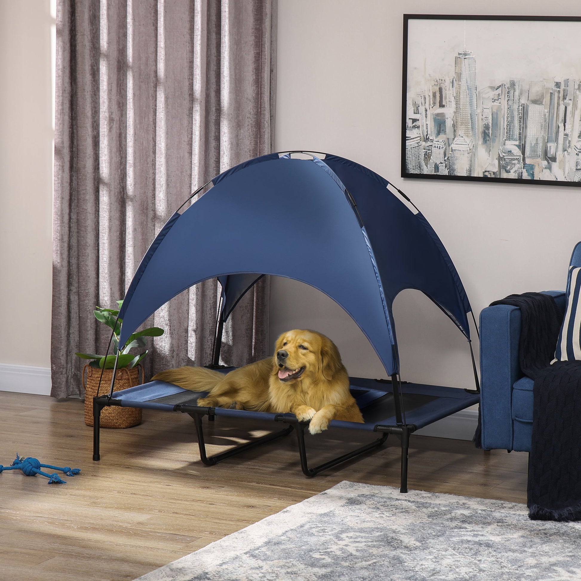 KFX-4149693 Elevated 48" x 36" Dog Cot with Canopy Shade & UV Protection, Dark Blue