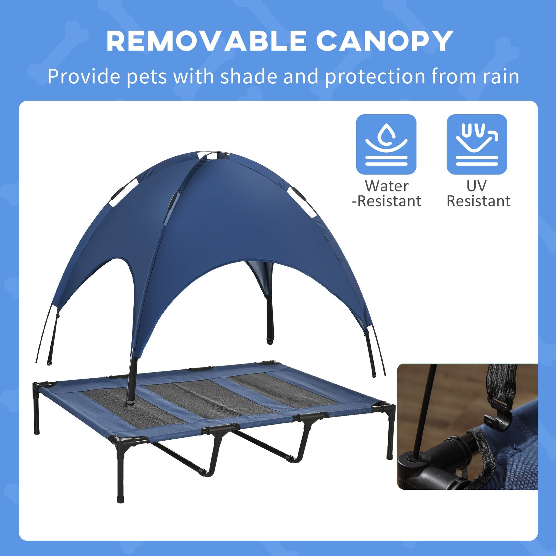 KFX-4149693 Elevated 48" x 36" Dog Cot with Canopy Shade & UV Protection, Dark Blue