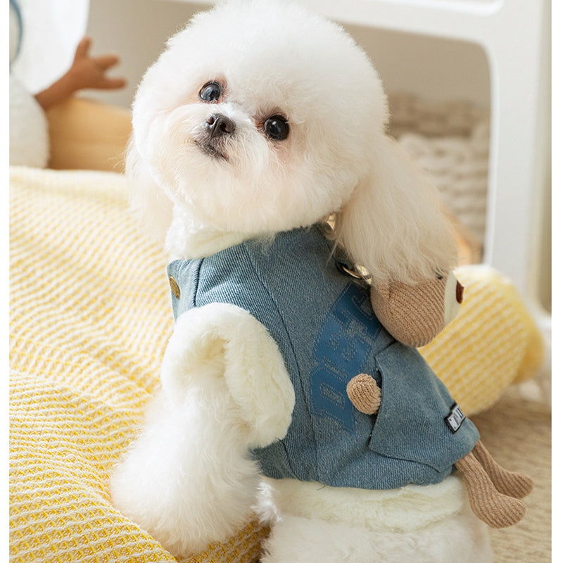 KFX-4149821 Three-Dimensional Bear Denim Vest for Dogs and Cats, Warm Cotton Coat for Autumn and Winter