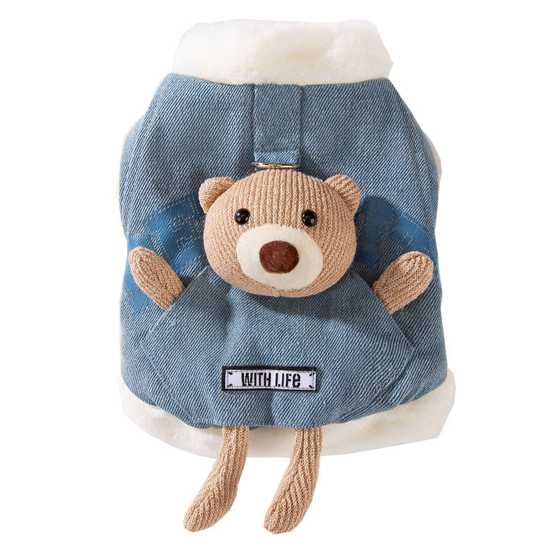 KFX-4149821 Three-Dimensional Bear Denim Vest for Dogs and Cats, Warm Cotton Coat for Autumn and Winter