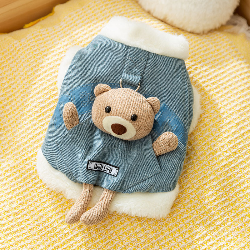 KFX-4149821 Three-Dimensional Bear Denim Vest for Dogs and Cats, Warm Cotton Coat for Autumn and Winter