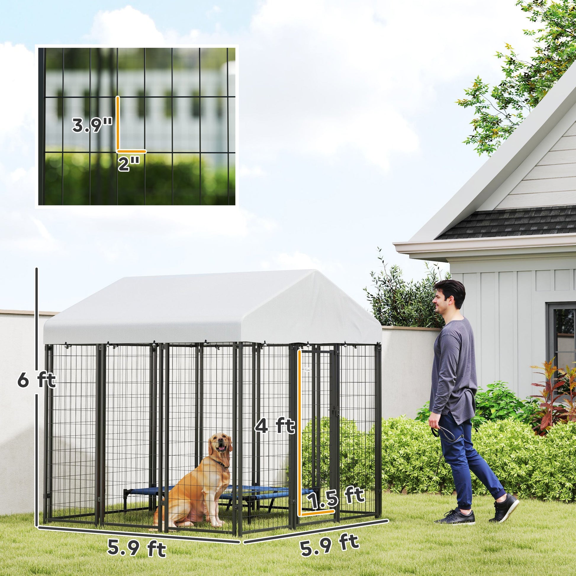 KFX-4154685 Large Outdoor Dog Kennel with Roof, Escape-proof Lock, Waterproof & UV-Resistant Cover, 6' x 6' x 6'