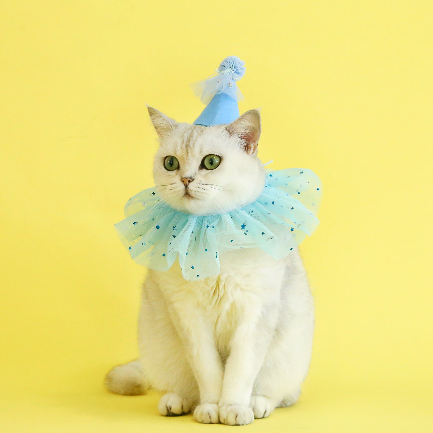 KFX-4155837 Rhinestone Two-Piece Cat Outfit with Bib and Hat - Available in Pink, Blue, and Yellow