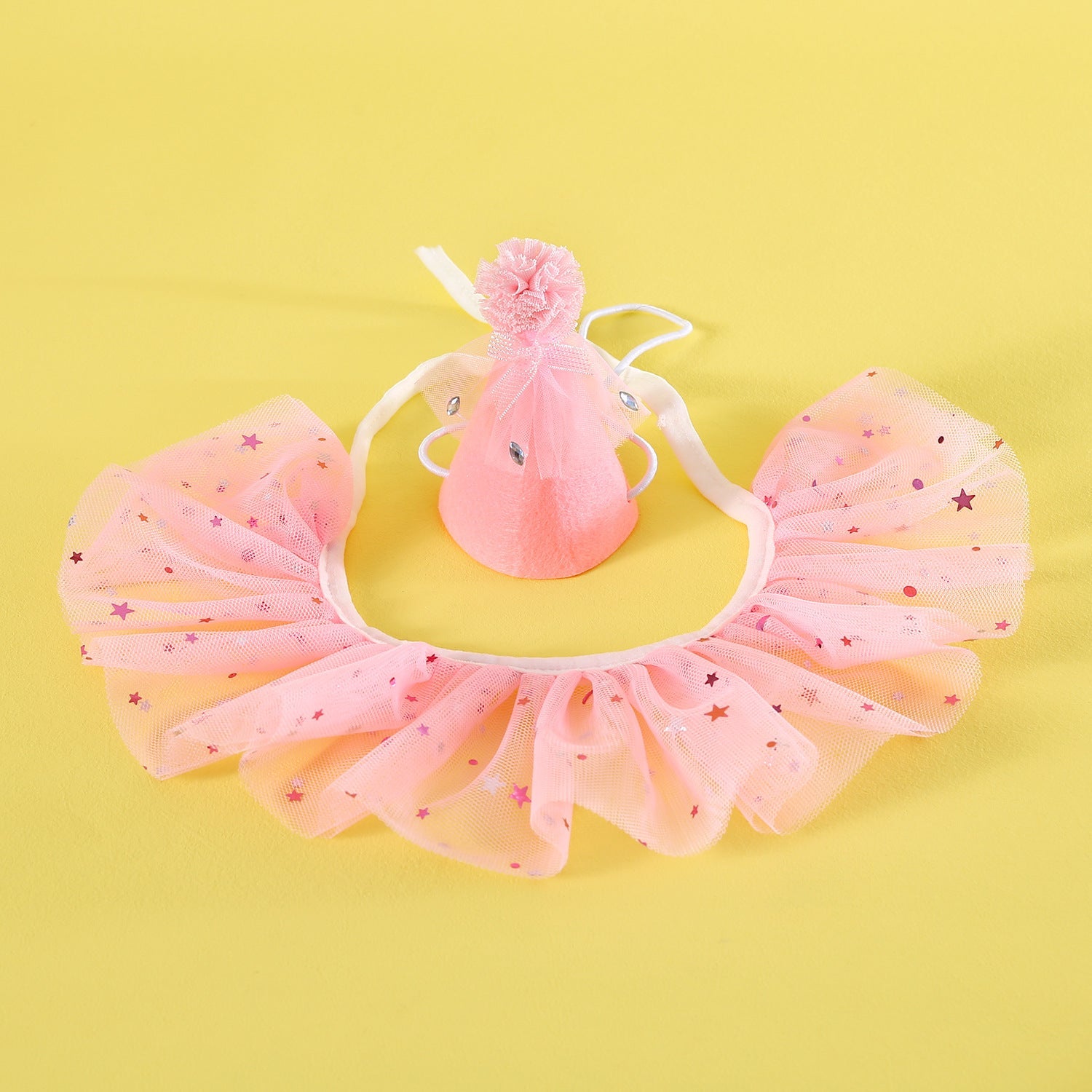 KFX-4155837 Rhinestone Two-Piece Cat Outfit with Bib and Hat - Available in Pink, Blue, and Yellow