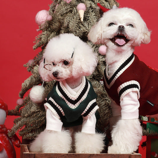 KFX-4159165 Knitted Cotton V-Neck Vest for Pets - Autumn Winter in Green, Wine Red, Khaki