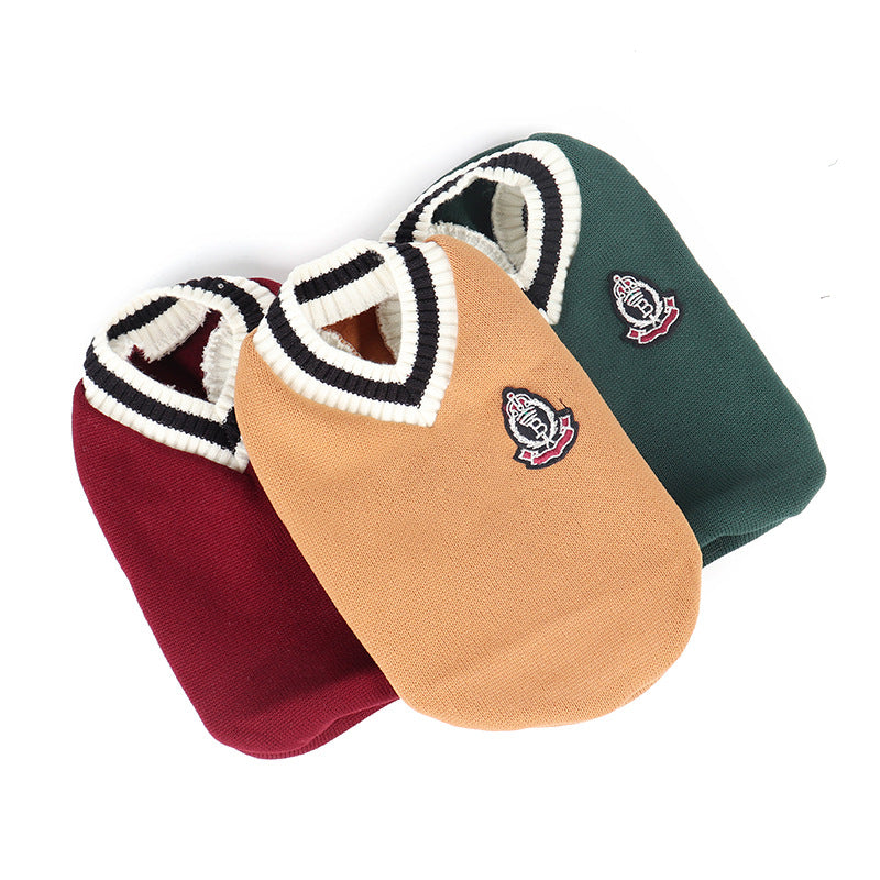 KFX-4159165 Knitted Cotton V-Neck Vest for Pets - Autumn Winter in Green, Wine Red, Khaki