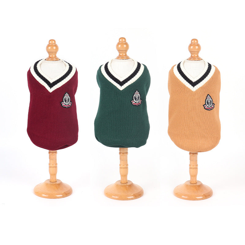 KFX-4159165 Knitted Cotton V-Neck Vest for Pets - Autumn Winter in Green, Wine Red, Khaki