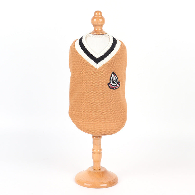 KFX-4159165 Knitted Cotton V-Neck Vest for Pets - Autumn Winter in Green, Wine Red, Khaki