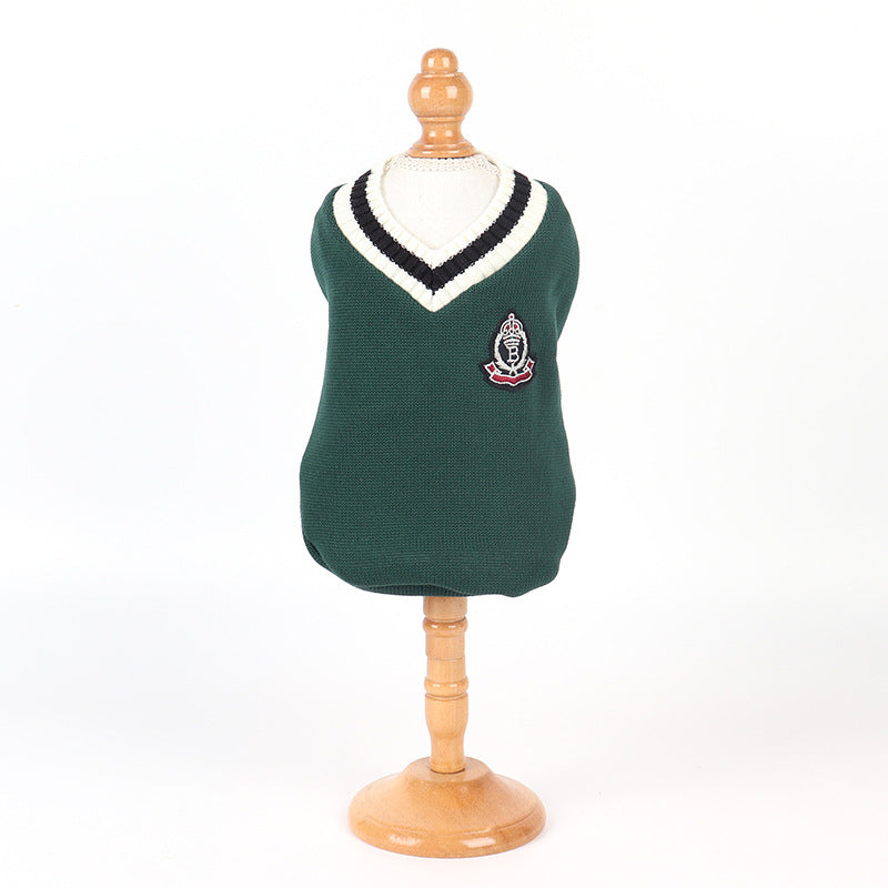 KFX-4159165 Knitted Cotton V-Neck Vest for Pets - Autumn Winter in Green, Wine Red, Khaki