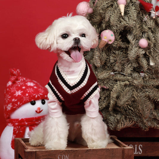 KFX-4159165 Knitted Cotton V-Neck Vest for Pets - Autumn Winter in Green, Wine Red, Khaki
