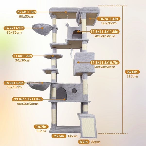 KFX-4160061 Light Gray Cat Tree Tower with Wide Base, 3 Spacious Condos, 11 Sisal Scratching Posts, 2 Hammocks, and Interactive Toy