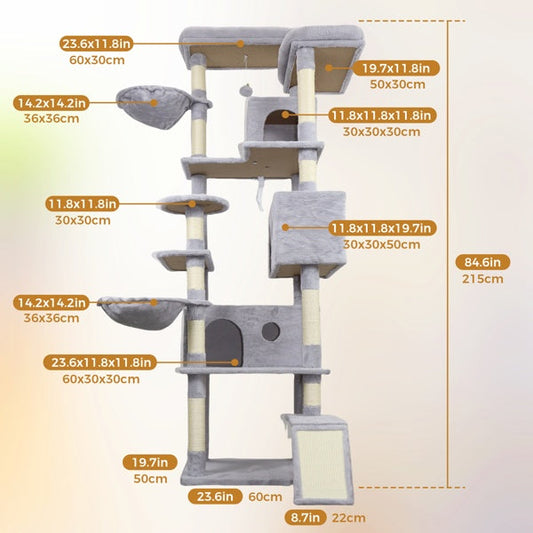 KFX-4160061 Light Gray Cat Tree Tower with Wide Base, 3 Spacious Condos, 11 Sisal Scratching Posts, 2 Hammocks, and Interactive Toy