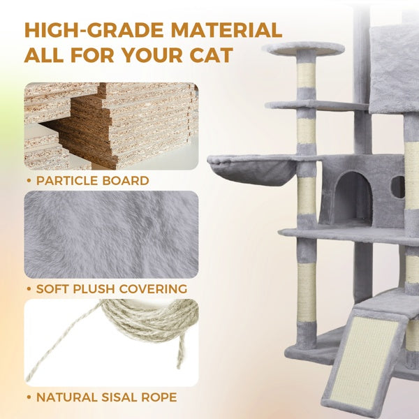 KFX-4160061 Light Gray Cat Tree Tower with Wide Base, 3 Spacious Condos, 11 Sisal Scratching Posts, 2 Hammocks, and Interactive Toy