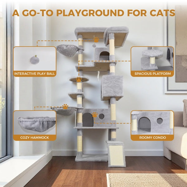 KFX-4160061 Light Gray Cat Tree Tower with Wide Base, 3 Spacious Condos, 11 Sisal Scratching Posts, 2 Hammocks, and Interactive Toy