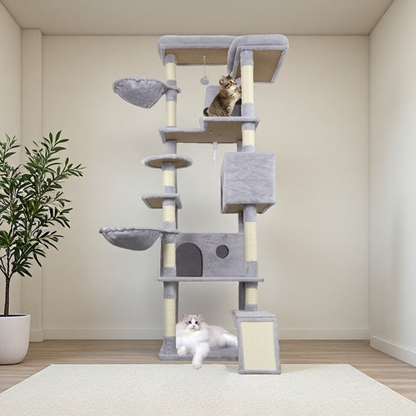KFX-4160061 Light Gray Cat Tree Tower with Wide Base, 3 Spacious Condos, 11 Sisal Scratching Posts, 2 Hammocks, and Interactive Toy