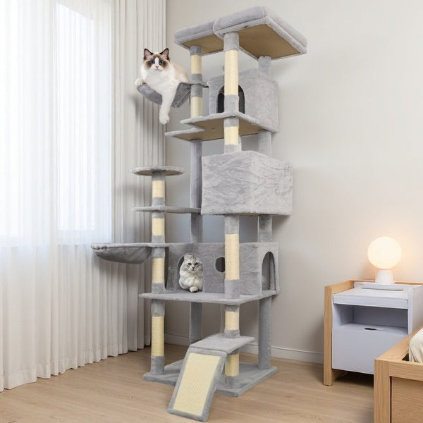 KFX-4160061 Light Gray Cat Tree Tower with Wide Base, 3 Spacious Condos, 11 Sisal Scratching Posts, 2 Hammocks, and Interactive Toy