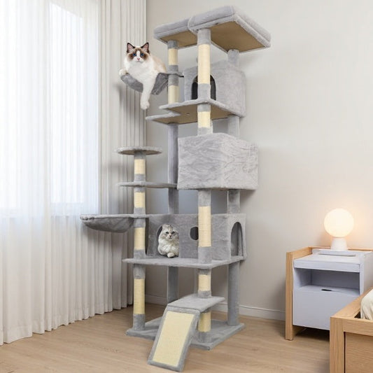 KFX-4160061 Light Gray Cat Tree Tower with Wide Base, 3 Spacious Condos, 11 Sisal Scratching Posts, 2 Hammocks, and Interactive Toy