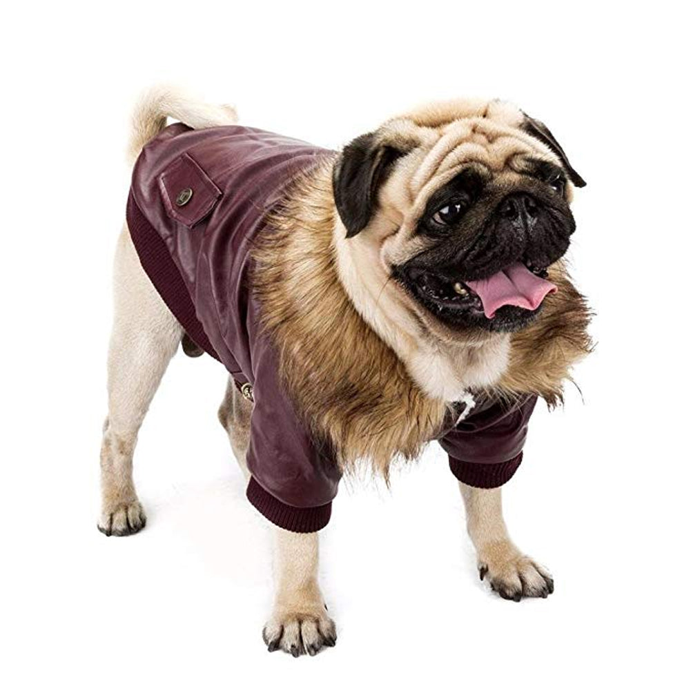 KFX-4160957 Faux Fur Collar Double-Pocket PU Leather Coat for Dogs - Available in Wine Red and Black