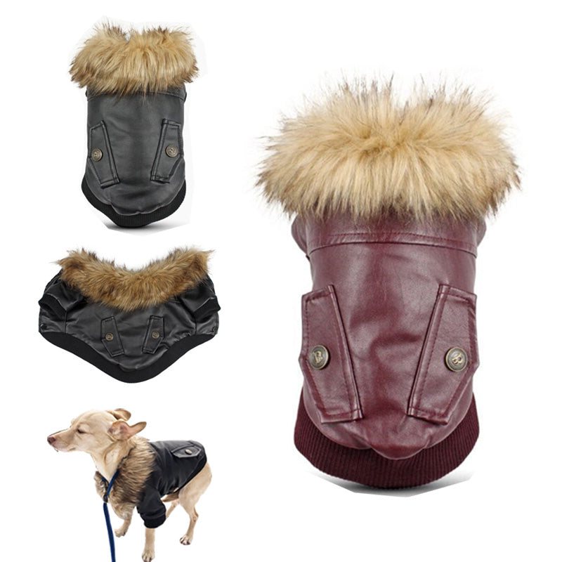 KFX-4160957 Faux Fur Collar Double-Pocket PU Leather Coat for Dogs - Available in Wine Red and Black
