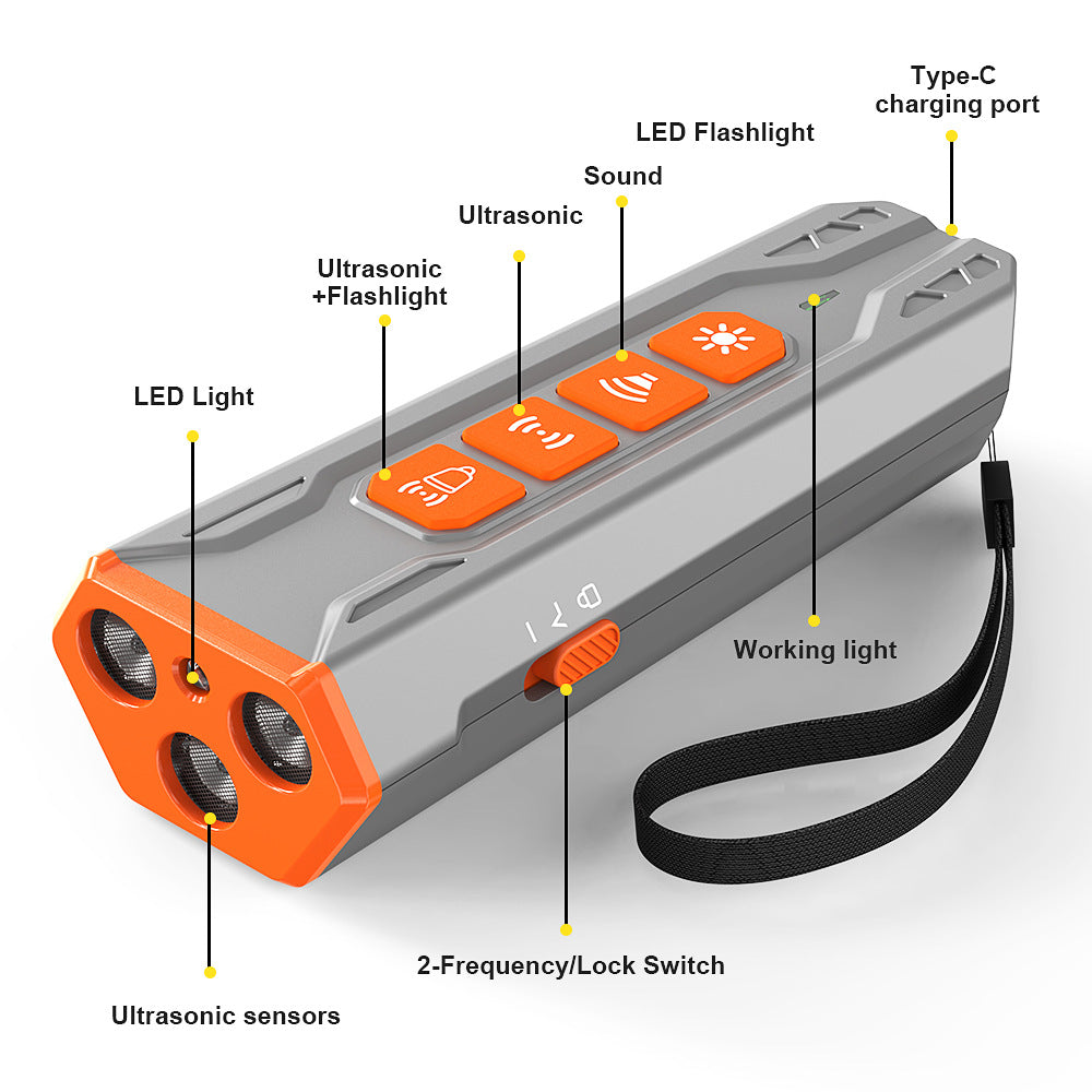 KFX-4162237 Three-Head Ultrasonic Dog Trainer - Adjustable Sensitivity, Durable ABS Material, Available in Gray/Orange or Black/Orange