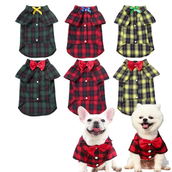 KFX-4163133 Elegant Plaid Dog Shirt for Small and Medium-Sized Dogs with Bow Tie Options