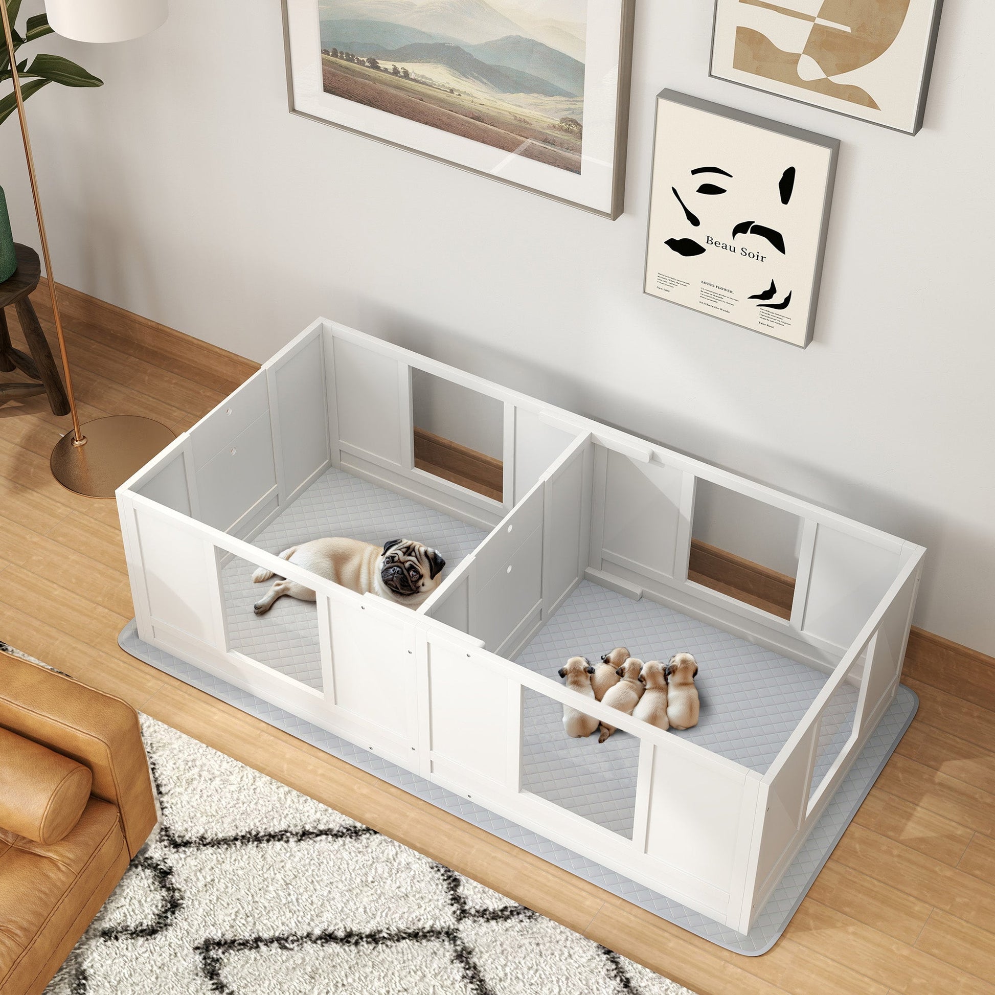 KFX-4167997 Double Room Design Whelping Box with Washable Pad for Small Dogs