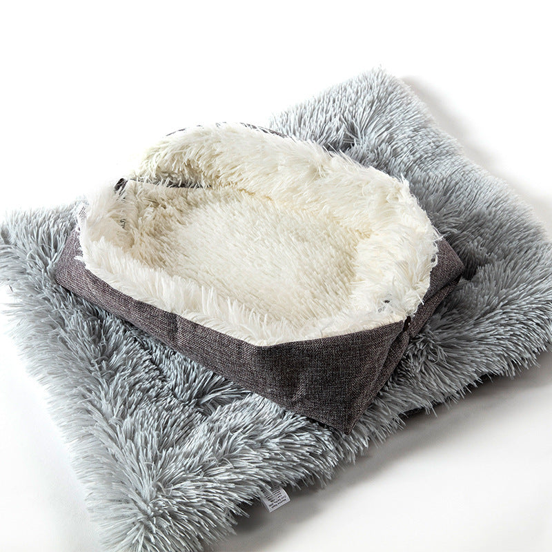 KFX-4172349 Plush Button Cat Litter Pad for Small Dogs - Soft Cushion Nest in Light Gray and Creamy White