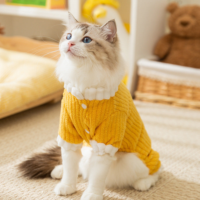 KFX-4182589 Cozy Yellow Ribbed Jumpsuit with Ruffled Cuffs for Small Dogs and Hairless Cats
