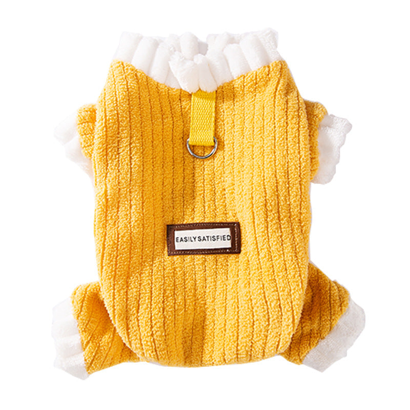 KFX-4182589 Cozy Yellow Ribbed Jumpsuit with Ruffled Cuffs for Small Dogs and Hairless Cats