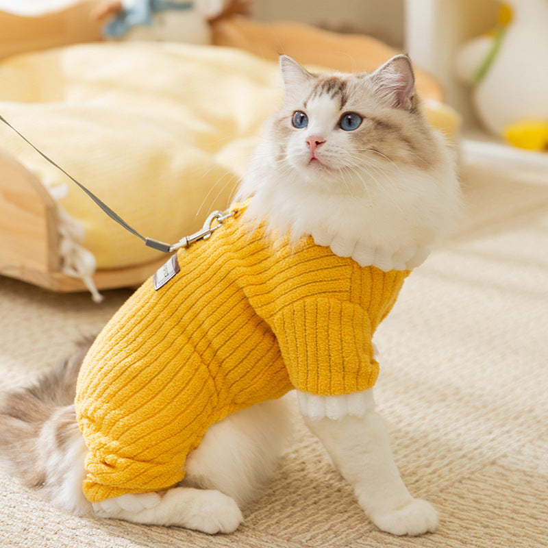 KFX-4182589 Cozy Yellow Ribbed Jumpsuit with Ruffled Cuffs for Small Dogs and Hairless Cats