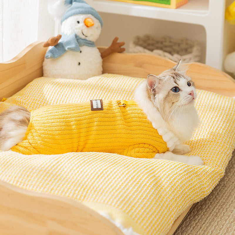 KFX-4182589 Cozy Yellow Ribbed Jumpsuit with Ruffled Cuffs for Small Dogs and Hairless Cats