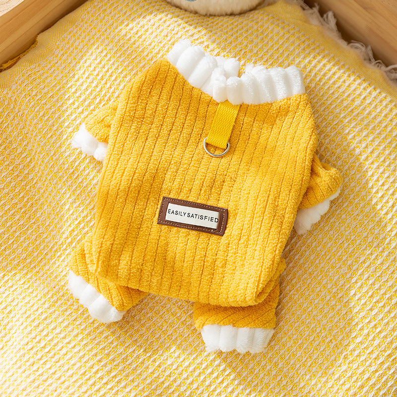 KFX-4182589 Cozy Yellow Ribbed Jumpsuit with Ruffled Cuffs for Small Dogs and Hairless Cats