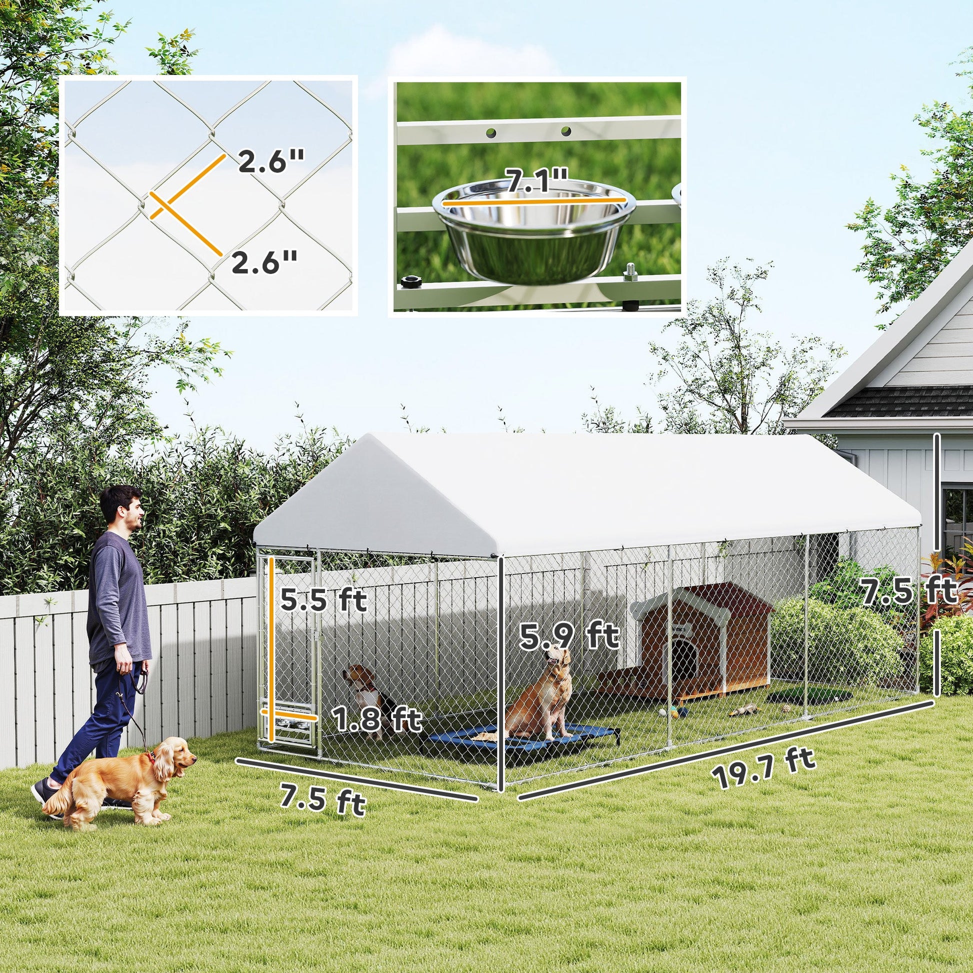 KFX-4187453 Spacious Outdoor Dog Kennel with Adjustable Bowl Rack and UV-Resistant Roof, 19.7' x 7.5' x 7.5'
