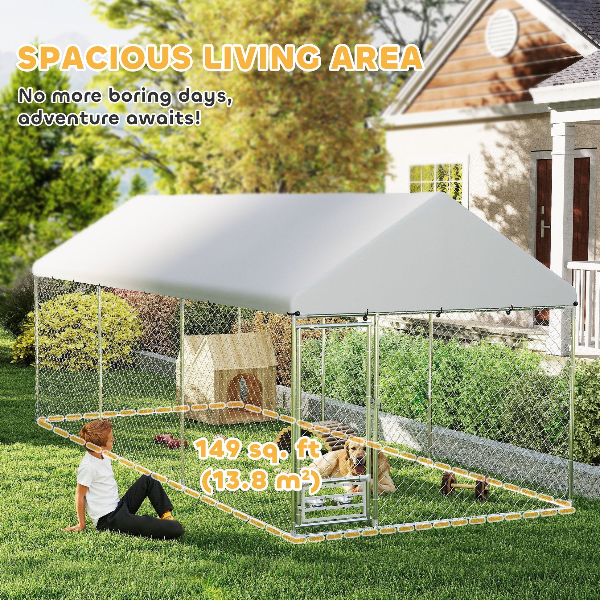 KFX-4187453 Spacious Outdoor Dog Kennel with Adjustable Bowl Rack and UV-Resistant Roof, 19.7' x 7.5' x 7.5'