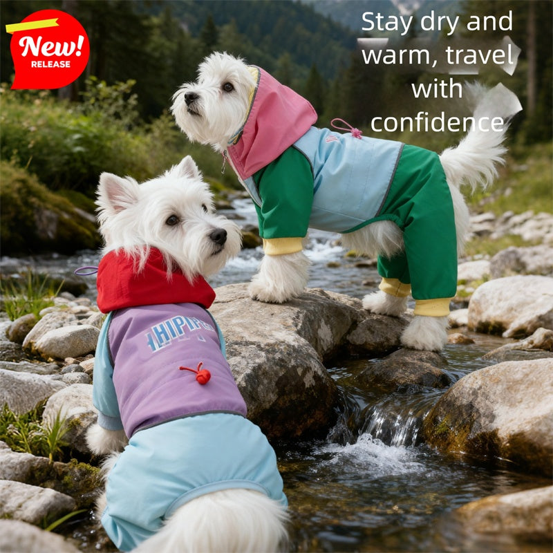 KFX-4188349 Waterproof 4-Leg Dog Jumpsuit with Hood for Outdoor Adventures