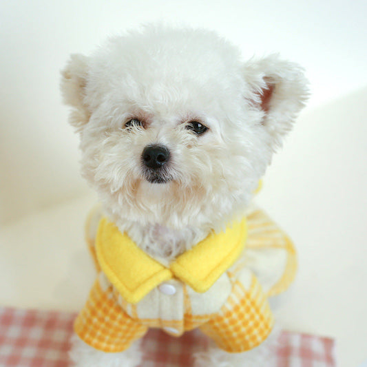 KFX-4190141 Warm Yellow Checked Doll Collar Woolen Dress for Dogs