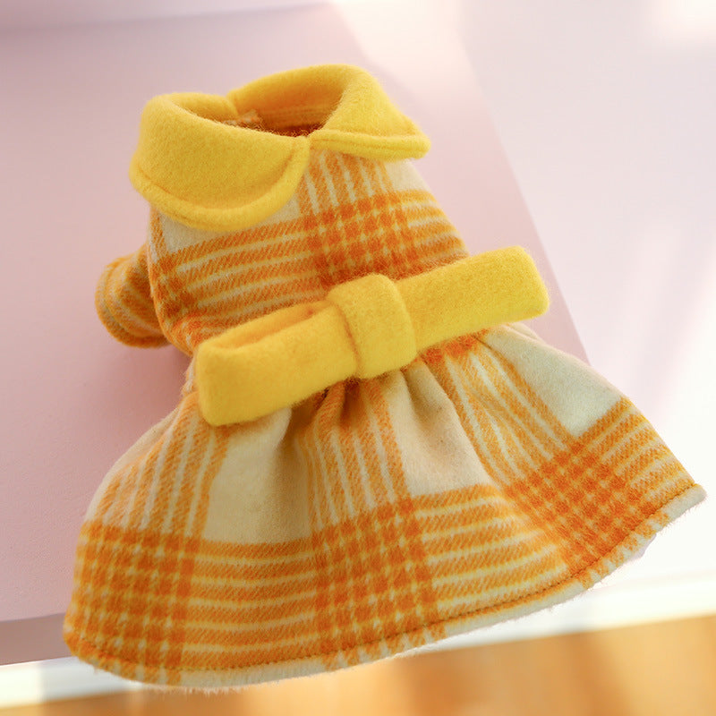 KFX-4190141 Warm Yellow Checked Doll Collar Woolen Dress for Dogs