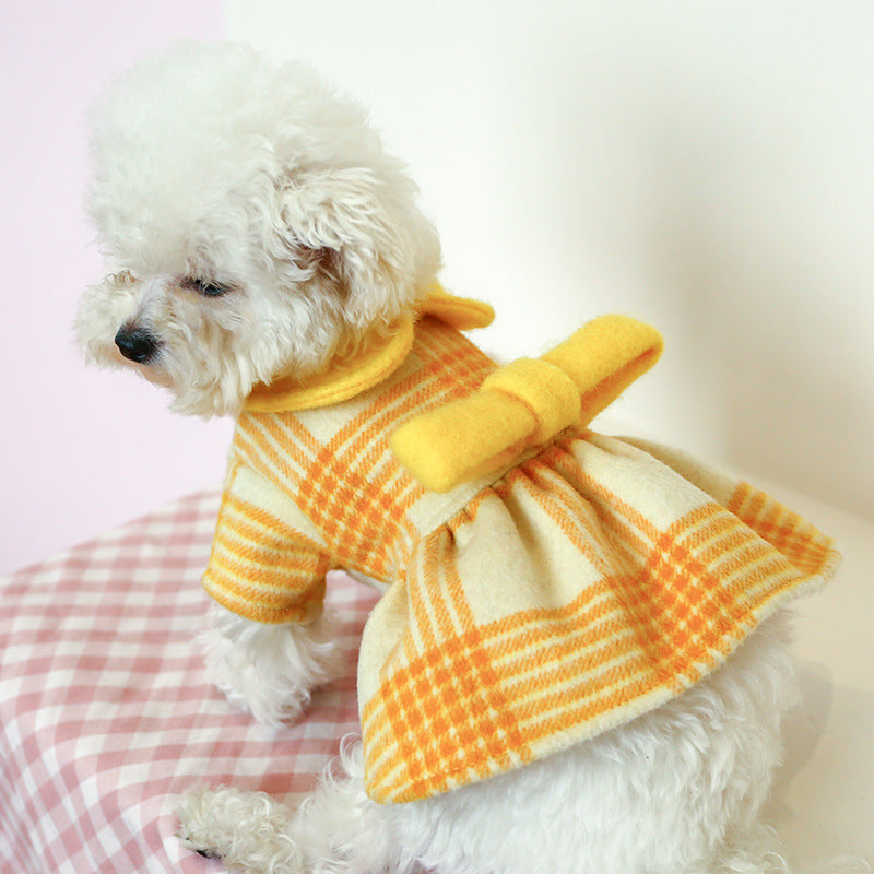 KFX-4190141 Warm Yellow Checked Doll Collar Woolen Dress for Dogs