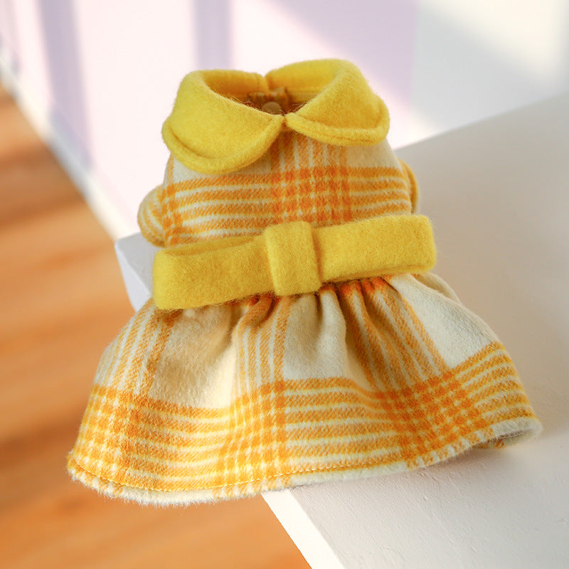 KFX-4190141 Warm Yellow Checked Doll Collar Woolen Dress for Dogs